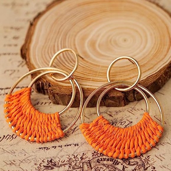 Orange Woven Raffia Gold Hoop Earrings Wicker Hoops Links Post Style Vacay New - Picture 2 of 5
